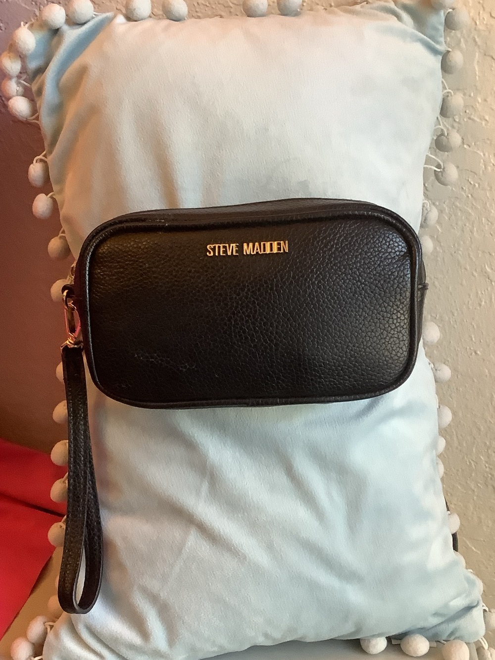 Steve Madden Black Pebbled Leather Crossbody Wristlet with Gold Tone Logo